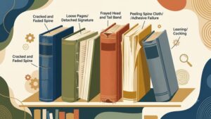 Иллюстрация поврежденного корешка старой книги, демонстрирующая признаки износа для статьи о реставрации.
